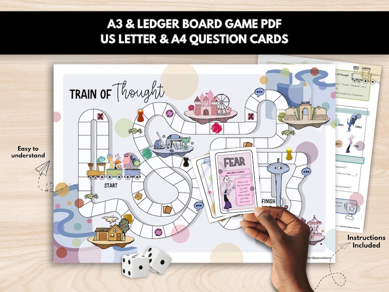 May include: A board game titled "Train of Thought" with a colorful illustrated game board, dice, and question cards. The game board features a path with various illustrations, including a train, castle, and Ferris wheel. The text "A3 & Ledger Board Game PDF" is at the top.