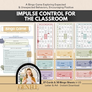 Impulse Control Bingo Game for Classroom Management, Positive Reinforcement, Group Therapy  ADHD Worksheets & Games, Executive Functioning