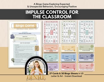 Juego de bingo para el control de impulsos: gestión del aula, refuerzo positivo, terapia de grupo, hojas de trabajo y juegos para el TDAH y función ejecutiva.