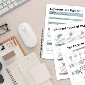 May include: A set of printable worksheets about obsessive-compulsive disorder (OCD). The worksheets include information about different types of OCD, the cycle of OCD, and an exposure practice form. The worksheets are in black and white with pink and blue accents.