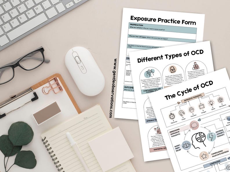 May include: A set of printable worksheets about obsessive-compulsive disorder (OCD). The worksheets include information about different types of OCD, the cycle of OCD, and an exposure practice form. The worksheets are in black and white with pink and blue accents.