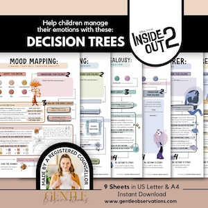 Puede incluir: Un conjunto de nueve hojas de trabajo imprimibles de árboles de decisión con personajes de Disney Pixar Inside Out 2. Las páginas incluyen mapas de estado de ánimo, identificación de emociones y estrategias de afrontamiento con texto.