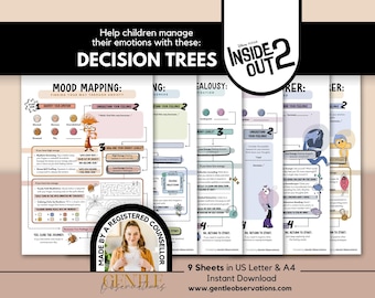 May include: A set of nine printable decision tree worksheets featuring Disney Pixar Inside Out 2 characters. The pages include mood mapping, emotion identification, and coping strategies with text prompts, diagrams, and illustrations in a soft color palette.