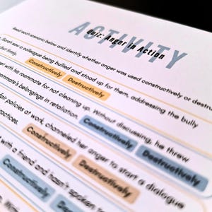 The image is a close-up of a printed document or worksheet titled "ACTIVITY" with a list of words and phrases related to anger and aggression.