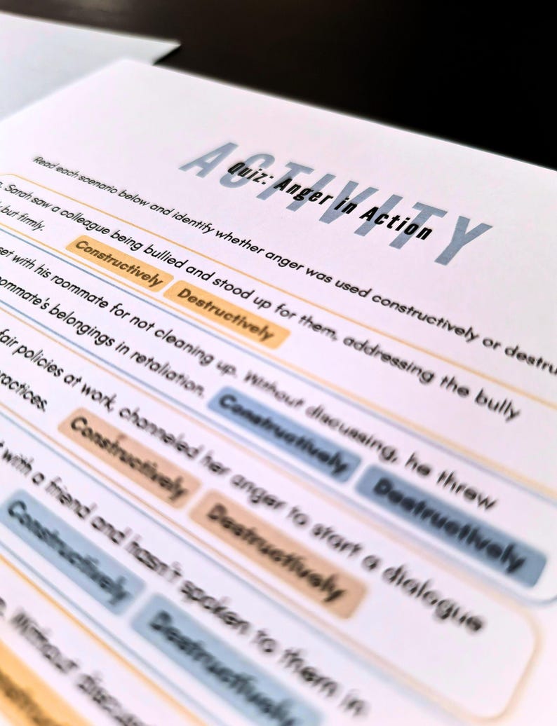 The image is a close-up of a printed document or worksheet titled "ACTIVITY" with a list of words and phrases related to anger and aggression.