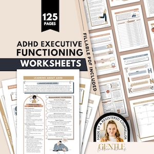 Può includere: Una raccolta di schede di lavoro sulle funzioni esecutive per l'ADHD con 125 pagine in formato PDF compilabile. I documenti includono vari grafici, tecniche di gestione basate su testo e illustrazioni in una tavolozza di colori neutri.
