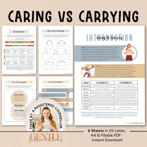 Caring Vs Carrying: Healthy Boundary Setting Worksheets, Compassion Fatigue & Burnout Prevention Activity, Circle of Influence And Control