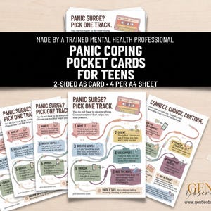 May include: A set of printed panic coping pocket cards for teens featuring a cassette tape graphic and numbered steps. The text includes "Panic Surge? Pick One Track," "Name It," "Breathe Gently," "Unhook," "Orient," "Use Support," and "Ride the Wave."