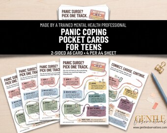 Panic Coping Pocket Cards for Teens, CBT Coping Skill Cards, Mindfulness, Somatic Awareness, Acceptance, and Practical Next-Step Planning.