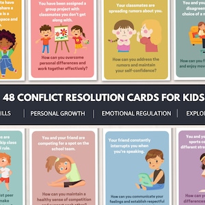 Tarjetas didácticas de resolución de conflictos para el desarrollo de habilidades sociales infantiles, herramienta de justicia restaurativa para consejeros escolares, tarjetas de aprendizaje socioemocional (SEL) para maestros de escuela. imagen 5