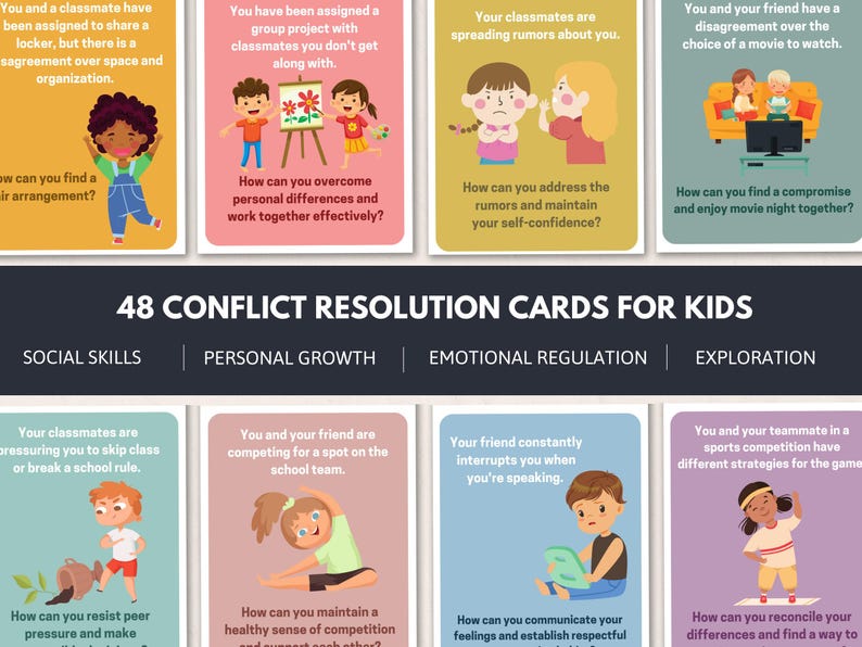 Tarjetas didácticas de resolución de conflictos para el desarrollo de habilidades sociales infantiles, herramienta de justicia restaurativa para consejeros escolares, tarjetas de aprendizaje socioemocional (SEL) para maestros de escuela. imagen 5