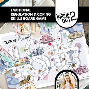 May include: An Inside Out 2 themed emotional regulation and coping skills board game featuring a Train of Thought path, colorful illustrations of characters, various game cards labeled Ennui and Joy, and a start and finish point on a white background.