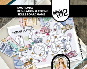 May include: An Inside Out 2 themed emotional regulation and coping skills board game featuring a Train of Thought path, colorful illustrations of characters, various game cards labeled Ennui and Joy, and a start and finish point on a white background.
