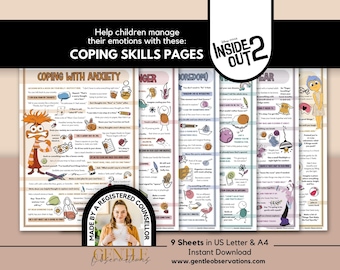 May include: A set of nine printable coping skills pages featuring Disney Pixar Inside Out 2 characters, with text prompts for managing emotions like anxiety, anger, and fear. The sheets include colorful illustrations, activity suggestions, and a circular badge stating Made by a Registered Counsellor.