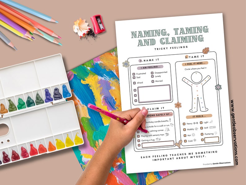 May include: A printable worksheet with a title "Naming, Taming and Claiming Tricky Feelings". The worksheet is divided into three sections: "Name It", "Tame It", and "Claim It". The "Name It" section has a list of feelings, such as frustrated, disappointed, sad, lonely, afraid, and hurt. The "Tame It" section has a drawing of a person with circles around different parts of the body, where you can circle where you feel the feeling. The "Claim It" section has a list of ways to respond safely to feelings, such as birthday candle breaths, going outside for a walk, playing with sensory toys, and getting a hug. The worksheet is designed to help children learn how to identify, manage, and cope with their feelings.