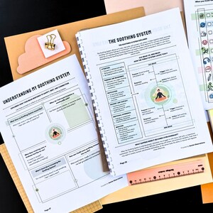 two printed pages from a book or document titled "The Soothing System" with various diagrams and bullet points, along with a ruler and a small object on a desk.