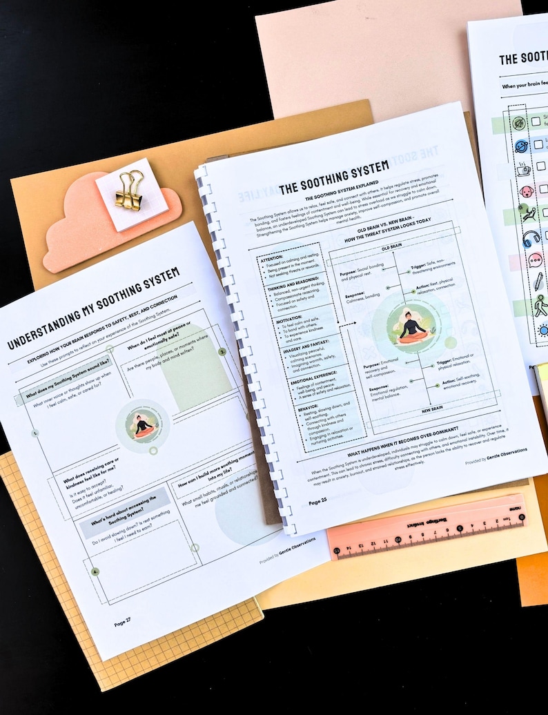 two printed pages from a book or document titled "The Soothing System" with various diagrams and bullet points, along with a ruler and a small object on a desk.