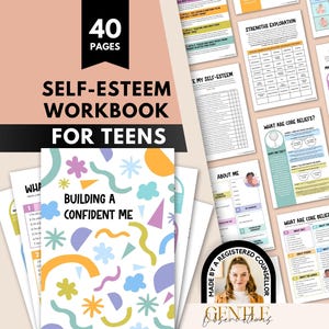 May include: A 40-page self-esteem workbook for teens titled Building a Confident Me. The cover features a white background with colourful abstract shapes including stars, triangles, and curves. Several interior pages with charts and text are visible.