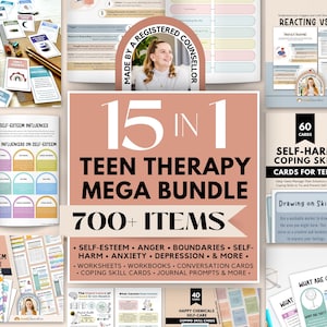 Paquete de terapia para adolescentes: Hojas para la depresión, Manejo de la ira, Tarjetas para afrontar la autolesión, Cuaderno de límites, Cuaderno de autoestima, Aprendizaje socioemocional (SEL)