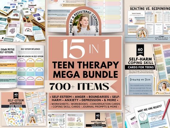 Teen Therapy Mega Bundle, Depression Sheets, Anger Management, Self-Harm Coping Skill Cards, Boundaries Workbook, Self-Esteem Workbook, SEL
