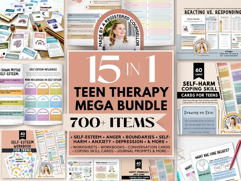 May include: A pink and peach colored digital product bundle for teen therapy. The bundle includes 15 different workbooks, worksheets, and coping skill cards. The text on the image reads "15 in 1 Teen Therapy Mega Bundle 700+ Items".