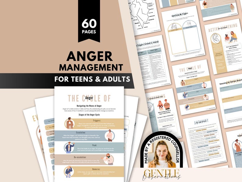 The image is a collage of various pages from a book or resource titled "Anger Management for Teens & Adults", featuring different sections and illustrations related to anger management.