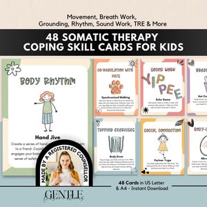 The image is a collection of 48 coping skill cards for kids, designed to help children develop their motor skills, social connections, and emotional regulation through various activities and exercises.