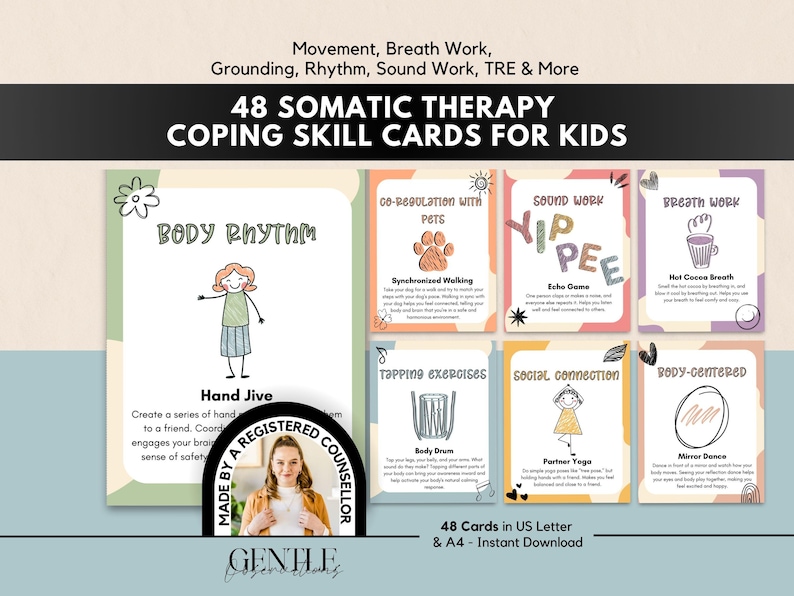 The image is a collection of 48 coping skill cards for kids, designed to help children develop their motor skills, social connections, and emotional regulation through various activities and exercises.