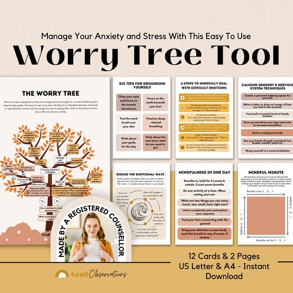 The Worry Tree Worksheets, GAD Anxiety Relief, Challenging Cognitive Distortions, CBT Therapy, Anxiety Intervention, ACT Sheets, Therapy Aid