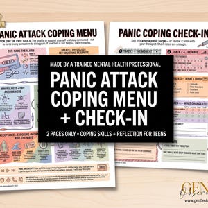 以下が含まれることがあります： 「Panic Attack Coping Menu」と「Panic Coping Check-In」と題された2枚の印刷ページ。メンタルヘルス支援のためのカラフルなイラスト、テキストボックス、チェックリストが記載されています。黒い長方形のオーバーレイに、製品の詳細を示す白いテキストが表示されています。