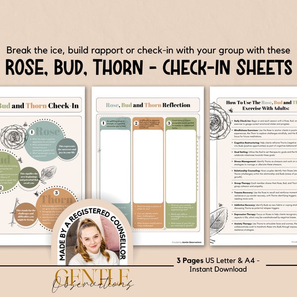 Rose Bud Thorn Ckeck-in Worksheets for Breaking the Ice, Couples Counseling, Group Work, Goal Setting, Addictions Recovery, Anxiety & More