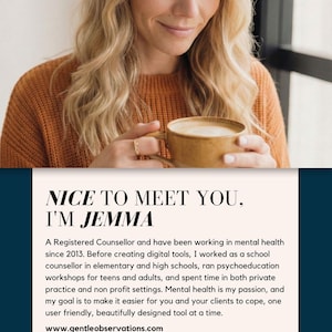 A woman with long blonde hair is smiling and holding a cup of coffee, with text overlaying the image.