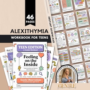 Puede incluir: Un libro de ejercicios digital de 46 páginas titulado Feeling on the Inside: Understanding and Working With Alexithymia, Teen Edition. La portada presenta ilustraciones coloridas de un cerebro, un corazón y burbujas de texto.