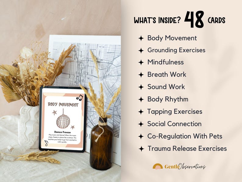 Digital screen showcasing a carousel of Somatic Therapy Coping Skill Cards, highlighting somatic exercises and Polyvagal Theory concepts for young users.