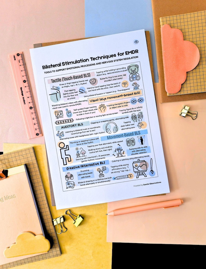 May include: A printed sheet titled "Bilateral Stimulation Techniques for EMDR" with diagrams and text, including "Tactile," "Auditory," and "Movement-Based BLS." The sheet is on a light pink surface with a pink ruler, a peach-colored pen, and gold paper clips.