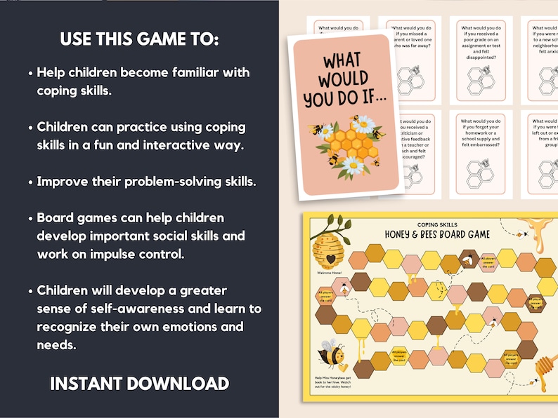K&ouml;nnte beinhalten: Ein druckbares Brettspiel f&uuml;r Kinder mit Honig- und Bienen-Thema. Das Spiel soll Kindern helfen, Bew&auml;ltigungsmechanismen zu lernen und enth&auml;lt Karten mit Fragen wie "Was w&uuml;rdest du tun, wenn..." und ein Spielbrett mit einem Wabenmuster.