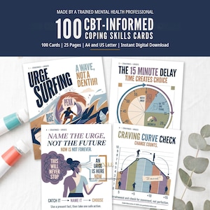 Puede incluir: Un conjunto de 100 tarjetas de habilidades de afrontamiento basadas en TCC con ilustraciones educativas y texto. Las tarjetas incluyen títulos como Urge Surfing, The 15 Minute Delay, Name the Urge y Craving Curve Check, con diagramas y figuras.