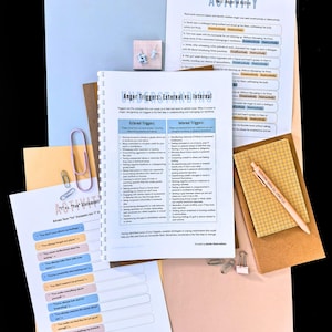 various educational materials, including a worksheet titled "Anger Triggers: External vs Internal", a worksheet titled "Anger Triggers: External vs Internal", and a worksheet titled "Anger Triggers: External vs Internal". There are also some papers, a pen, and a stapler on the table.