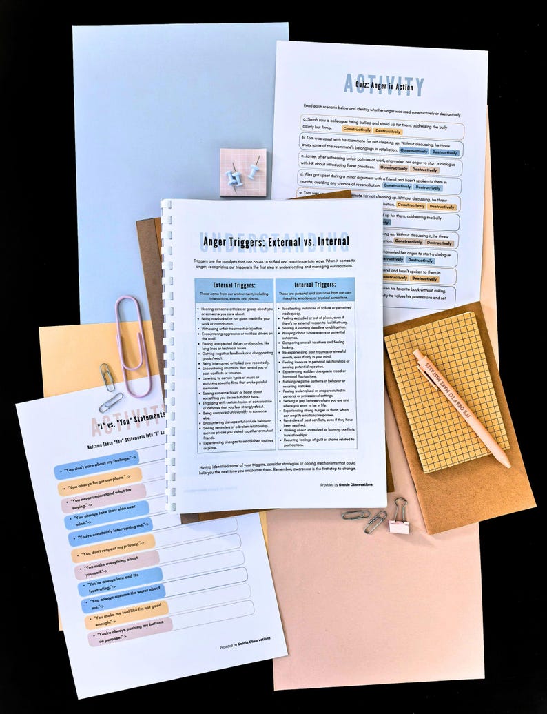 various educational materials, including a worksheet titled "Anger Triggers: External vs Internal", a worksheet titled "Anger Triggers: External vs Internal", and a worksheet titled "Anger Triggers: External vs Internal". There are also some papers, a pen, and a stapler on the table.