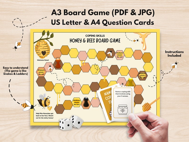 K&ouml;nnte beinhalten: Ein druckbares Brettspiel f&uuml;r Kinder mit Bienen-Thema. Das Spielbrett ist gelb und braun mit einem Wabenmuster. Das Spiel enth&auml;lt Fragekarten und einen W&uuml;rfel. Das Spiel soll Kindern helfen, mit ihren Emotionen umzugehen.