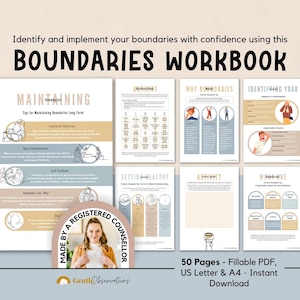 May include: A 50-page fillable PDF boundaries workbook titled Identify and implement your boundaries with confidence using this BOUNDARIES WORKBOOK. The document includes pages on maintaining boundaries, activities, and identifying needs with illustrations.