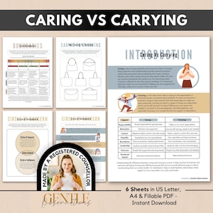 Puede incluir: Un conjunto de seis hojas educativas tituladas Caring vs Carrying, que incluyen gráficos, diagramas y texto sobre límites emocionales. Los documentos contienen secciones sobre círculos de influencia, responsabilidad y empatía.