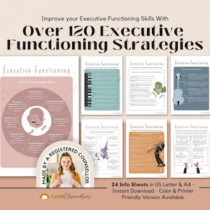 Executive Functioning Skills & Strategies Psychoeducation Worksheets for ADHD, Executive Functioning Wheel, ADHD Therapy Worksheets Bundle