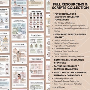 May include: A collection of printed documents with text and illustrations, including topics like emotional regulation, trauma, and coping strategies. The documents are arranged on a light brown background, with the title "FULL RESOURCING & SCRIPTS COLLECTION" at the top.