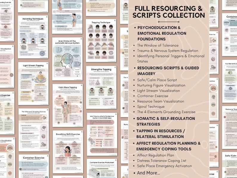 May include: A collection of printed documents with text and illustrations, including topics like emotional regulation, trauma, and coping strategies. The documents are arranged on a light brown background, with the title "FULL RESOURCING & SCRIPTS COLLECTION" at the top.