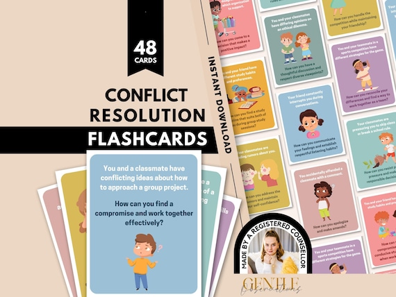 Conflict Resolution Flashcards for Kids Social Skills Development, School Counselor Restorative Justice Tool, School Teacher SEL Kids Cards