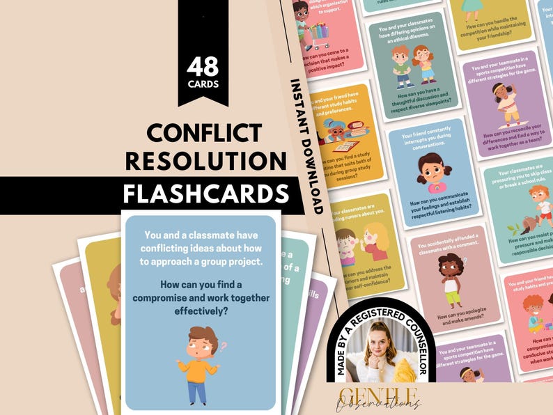 Tarjetas didácticas de resolución de conflictos para el desarrollo de habilidades sociales infantiles, herramienta de justicia restaurativa para consejeros escolares, tarjetas de aprendizaje socioemocional (SEL) para maestros de escuela. imagen 1