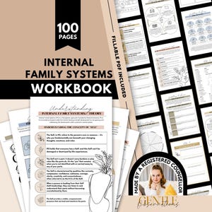 May include: A 100-page Internal Family Systems workbook featuring fillable PDF pages with therapeutic exercises, diagrams, and text about IFS theory, self-concept, and parts work, including a circular badge stating Made by a Registered Counsellor.
