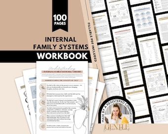 May include: A 100-page Internal Family Systems workbook featuring fillable PDF pages with therapeutic exercises, diagrams, and text about IFS theory, self-concept, and parts work, including a circular badge stating Made by a Registered Counsellor.