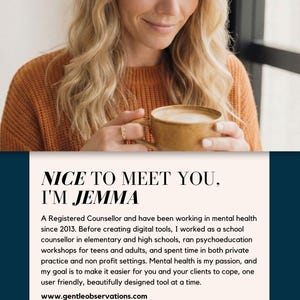 A woman with blonde hair is smiling and holding a cup of coffee, with text describing her as a registered mental health coach and her passion for mental health.